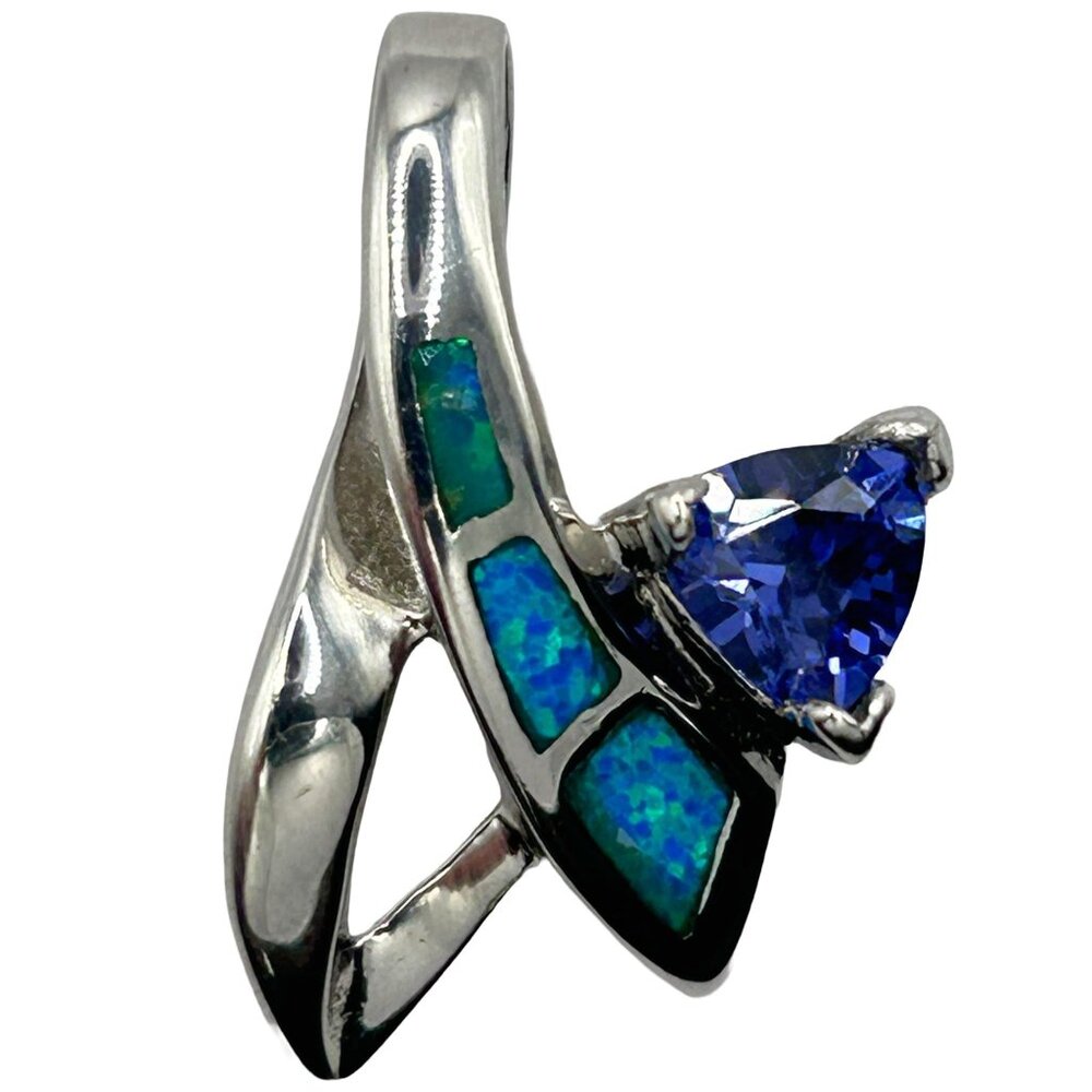 Vintage Tanzanite & Blue Fire Opal Inlay 925 Sterling Silver Ribbon Pendant
